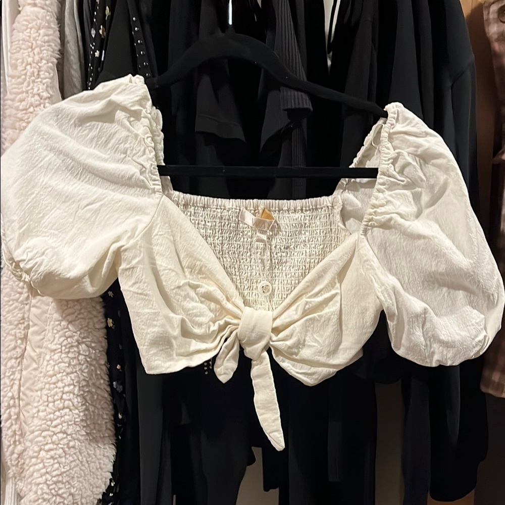 Wayf White Puff Sleeve Tie-Front Top